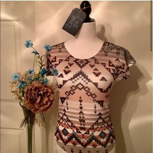 Women’s Aztec Pattern Tribe Summer Blouse Short Sleeve Top Size Small